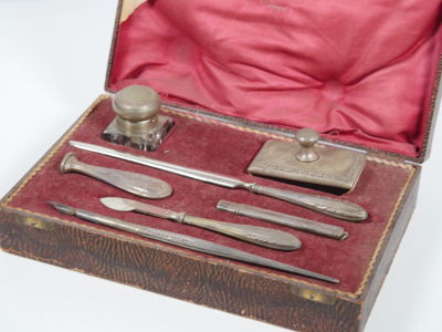 Silver German stationery set. Silver stamped 800. The set includes an inkwell (silver stopper. 
