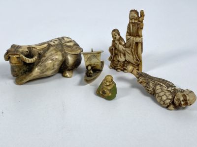 Lot of ivory figurines. Five Different Ivory Items of Different Sizes: Baby Buddha, Two Chinese 