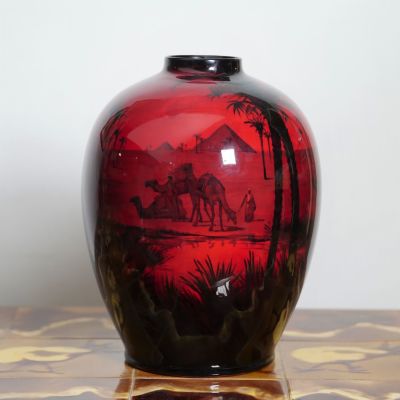 אגרטל ROYAL DOULTON מסדרת FLAMBE עם איורים מנופי מצרים. אגרטל גדול מימדים תוצרת ROYAL DOULTON 