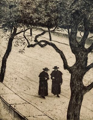 Emil Orlik - Two Men in the Street - Framed Engraving. Signed. 
Numbered 68/100. 
Given in a 