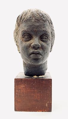 Batia Lishansky - Head Sculpture . Painted plaster on a wooden base. 
Height (including base): 