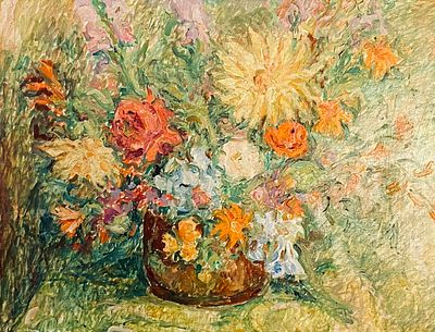 Joseph Constant - Flowers - Framed Oil Painting. Oil on wood. 
Given in a black wooden frame. 