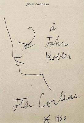 Dedication and Drawing on a Book Page - Jean Cocteau - 1960. Original drawing of a profile, with 