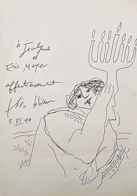 Th&eacute;o Tobiasse - Drawing on a Page from a Book - 1999. A page torn from a book, with a dedication 