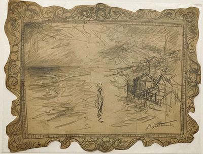 Moshe Matus (Matusovski)‎ - Drawing. Pencil on paper. 
Signed. 
The drawing is cut in the shape 