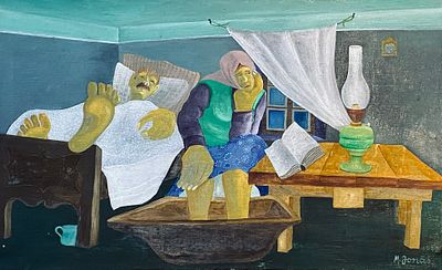 Martin Jonaš - זוג בחדר השינה - ציור שמן ממוסגר. חתום. 1972. 
שמן על בד. 
גודל הציור: 31X51. 