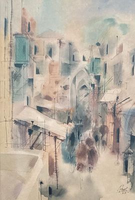 שמואל כץ - סימטאות ירושלים - אקוורל ממוסגר. חתום. 
צבעי מים על נייר. 
ממוסגר. 
גודל הציור: 