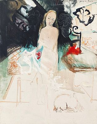 מיכאל איזמן - אישה - שמן על בד (ציור גדול ממדים). חתום. 
ממוסגר. 
גודל המסגרת: 95X76. 
מצב סביר: 