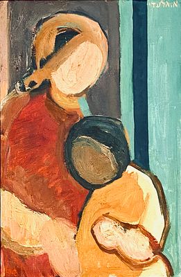 אהרן גלעדי - אמה ובת - ציור שמן ממוסגר. חתום. שמן על בד. 
נתון במסגרת עץ רחבה ויפה. 
גודל הציור: 