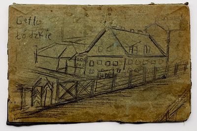 Two Drawings of the Lodz Ghetto. Two drawings on a disassembled book cover. One of them reads: 