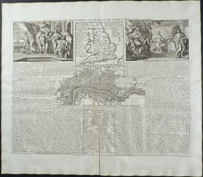 Chatelain - Map of England and London with Allegorical Insets and text on Government. Henri 