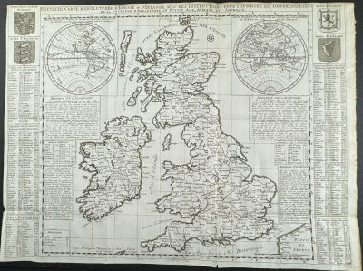 Chatelain - Map of the British Isles (England, Scotland, Ireland) with Two Hemispheres of World 
