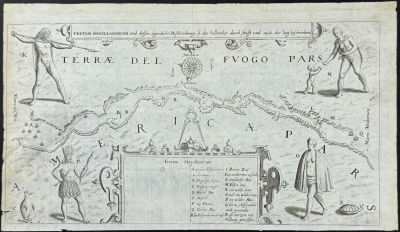 De Bry - Map of the Strait of Magellan with Native People Illustrated (Fretum Magellannicum 