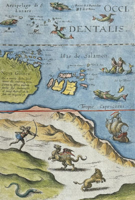 De Jode, Rare, pub. 1593 - First Printed Map of Australia (Novae Guineae Forma, & Situs). This 