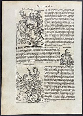Schedel, pub. 1493 - Persecution of the Apostles including Crucifixion of Andrew, Spearing of Thomas