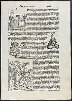 Schedel, pub. 1493 - Persecution of the Apostles including Crucifixion of Philip and Flaying of
