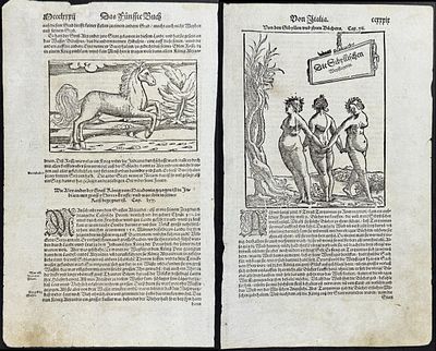 Munster, pub. 1598 - 6 Pages of Engravings (Including Unicorn, Many-headed Serpents or Hydra