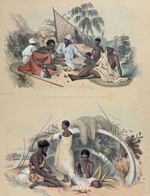 Angas, Australia - Encampment of Native Women, near Cape Jervis / Natives of Encounter Bay
