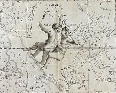 Hevelius - Constellation Chart: Gemini. This rare first edition engraving is from Johannes