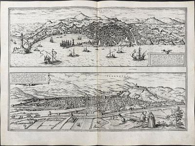 Braun & Hogenberg, pub. 1575 - Views of Italy: Genoa & Florence. This extraordinary engraving is 