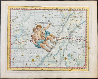 Bode - Celestial Chart: Gemini (Twins). 15. This first edition celestial engraving is from 