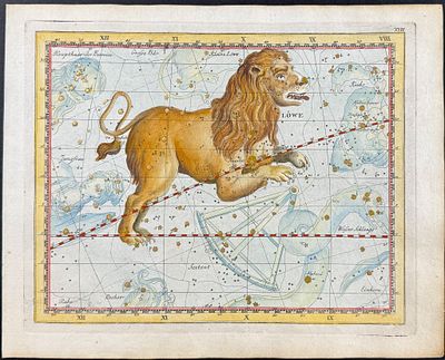 Bode - Celestial Chart: Leo (Lion). 17. This first edition celestial engraving is from Johann 