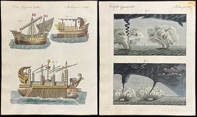 Bertuch - 3 Engravings of Ship, Planets with Rings, Water Funnels or Tornadoes. This attractive 