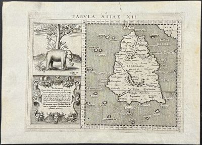 Magini's Ptolemy, pub. 1596 - Map of Taprobana, Island in Sumatra, with inset of Elephant. This 