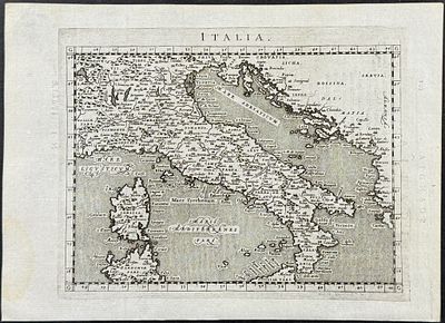 Magini's Ptolemy, pub. 1596 - Map of Italy with Sardinia & Sicily. This engraved map is from 