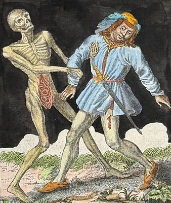 Merian - Dance of Death. 49. This rare and early engraving is from Matthaus Merian's La danse 