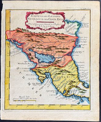 Schwabe after Bellin - Map of Nicaragua & Costa Rica. This historic engraving with original 