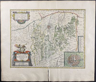 Jansson & Hondius, pub. 1656 - Map of Nuremberg, Germany with Inset of the City View. This 