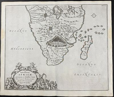 Kircher, pub. 1682 - Map of South Africa with Madagascar. This scientific engraving is 