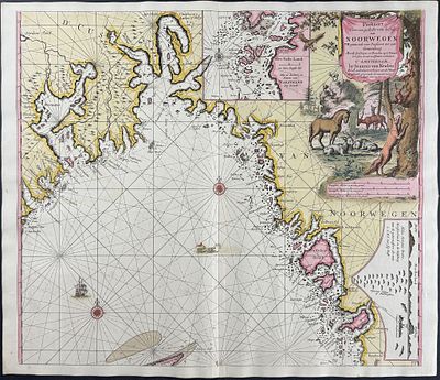Van Keulen, Rare - Chart of the Coast of Norway. This extraordinary, originally hand-colored map 