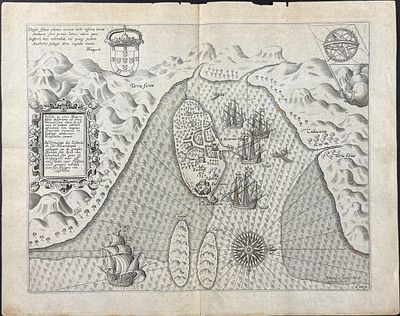 Linschoten - View or Chart of Mozambique. This exceptionally detailed, important engraving is 
