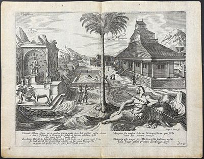 Linschoten - View of Malabar with Temple & Mosque. This exceptionally detailed, important 