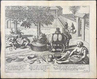 Linschoten - Gathering of Spices in India. This exceptionally detailed, important engraving is 