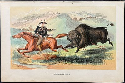 Catlin - Buffalo Hunt, Chasing Back. This originally hand-colored, Native American engraving is 