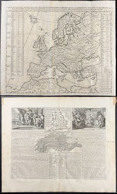 Chatelain - Pair of Maps of Europe & England & London, Cultural Depictions. This historic 