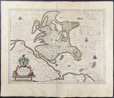 Jansson & Hondius, pub. 1656 - Map of Rugia (Rugen), Germany. This handsome, originally 