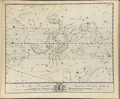 Bevis, Rare - Constellation or Star Chart: Cancer (Crab) [Dedicated to Reverend Francis Hooper]. 