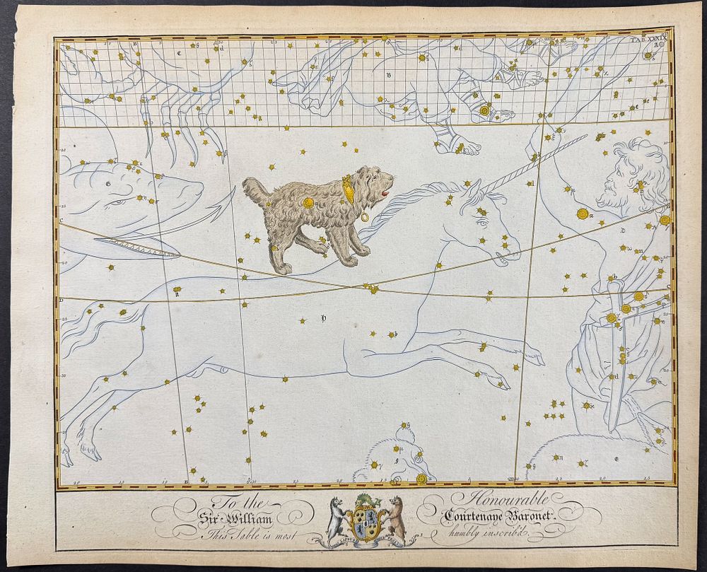 Bevis, Rare - Constellation or Star Chart: Lesser Dog (Canis minor) Unicorn [Dedicated to Sir 