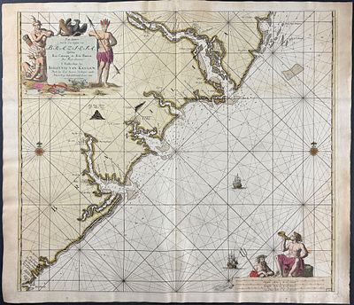 Van Keulen, Rare - Coastal Map of Brazil. This extraordinary, originally hand-colored map is 