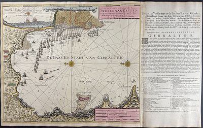 Van Keulen, Rare - Map of the Bay of Gibraltar. This extraordinary, originally hand-colored map 
