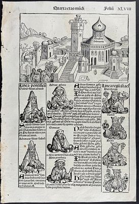 Schedel, pub. 1493 - Temple of Solomon in Jerusalem with Popes & Israel Religious Figures / 