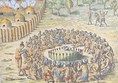 De Bry - Florida - Ceremonies at the death of a chief or priest (Nautilus Shell). This 