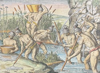 De Bry - Florida - Mode of collecting gold in streams running from the Appalachian Mountains. Thi 