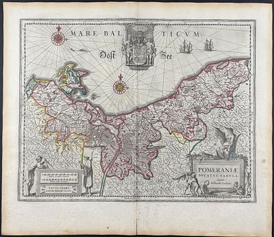 Blaeu - Map of Pomerania (Poland, Germany). This remarkable, originally hand-colored engraving 