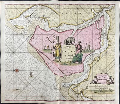Van Keulen, Rare - Chart of the Dwina River. This extraordinary, originally hand-colored map is 