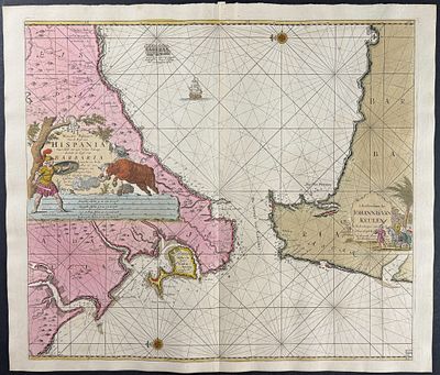 Van Keulen, Rare - Chart of the Strait of Gibraltar. This extraordinary, originally hand-colored 
